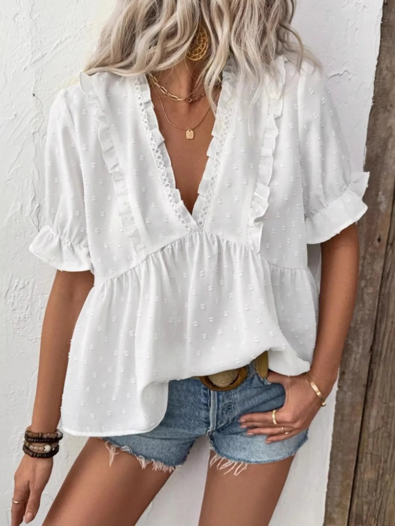 Swiss Dot Ruffled V-Neck Blouse with Flounce Sleeves NicholesGifts