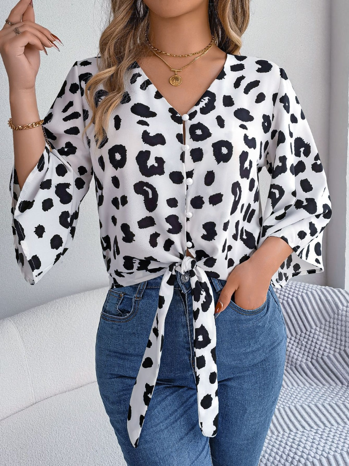 Tied Button Up Leopard V-Neck Blouse nicholesgifts