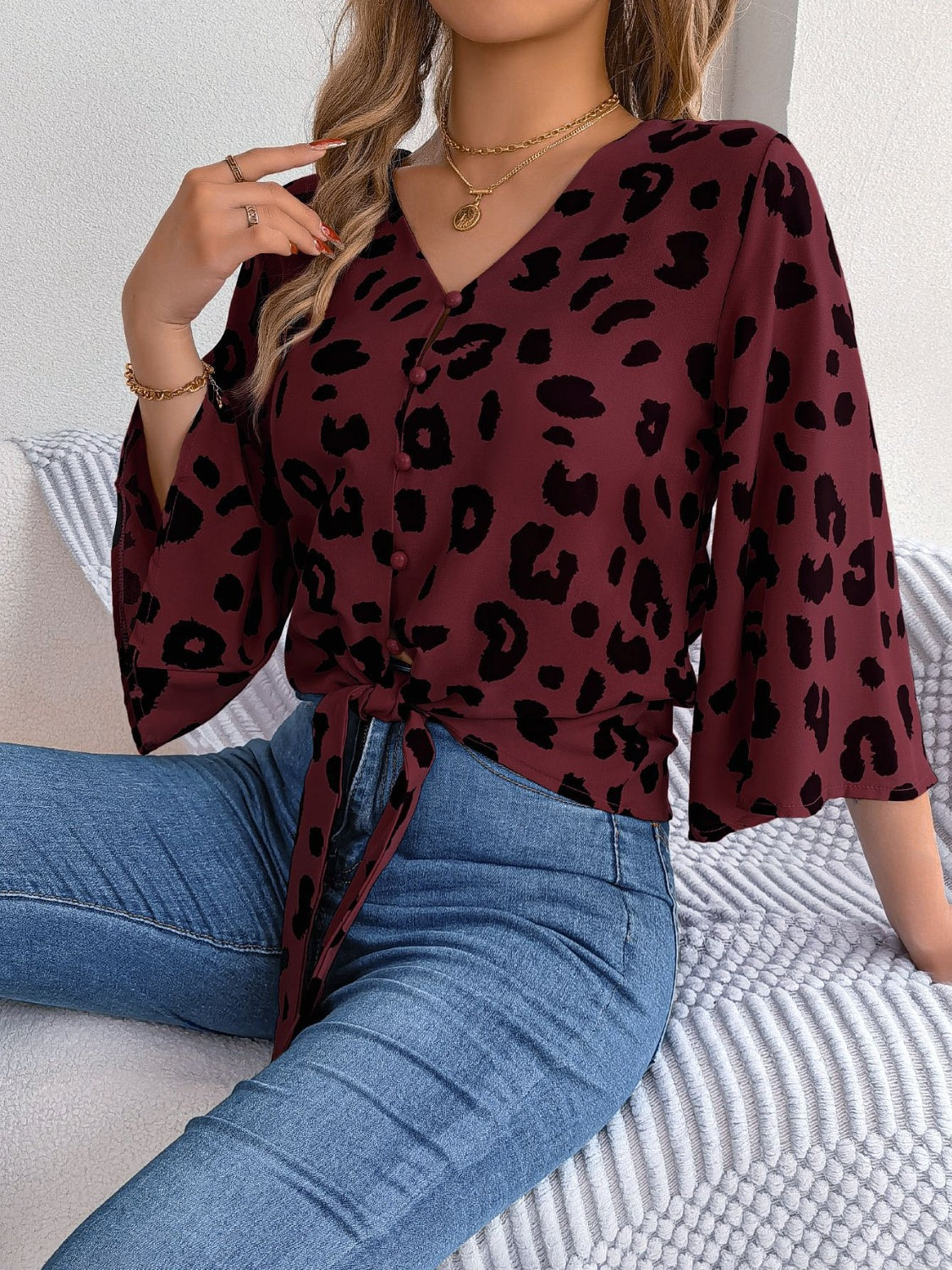 Tied Button Up Leopard V-Neck Blouse nicholesgifts