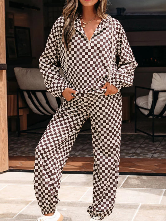 Checkered Drawstring Hoodie and Pants Set Trendsi