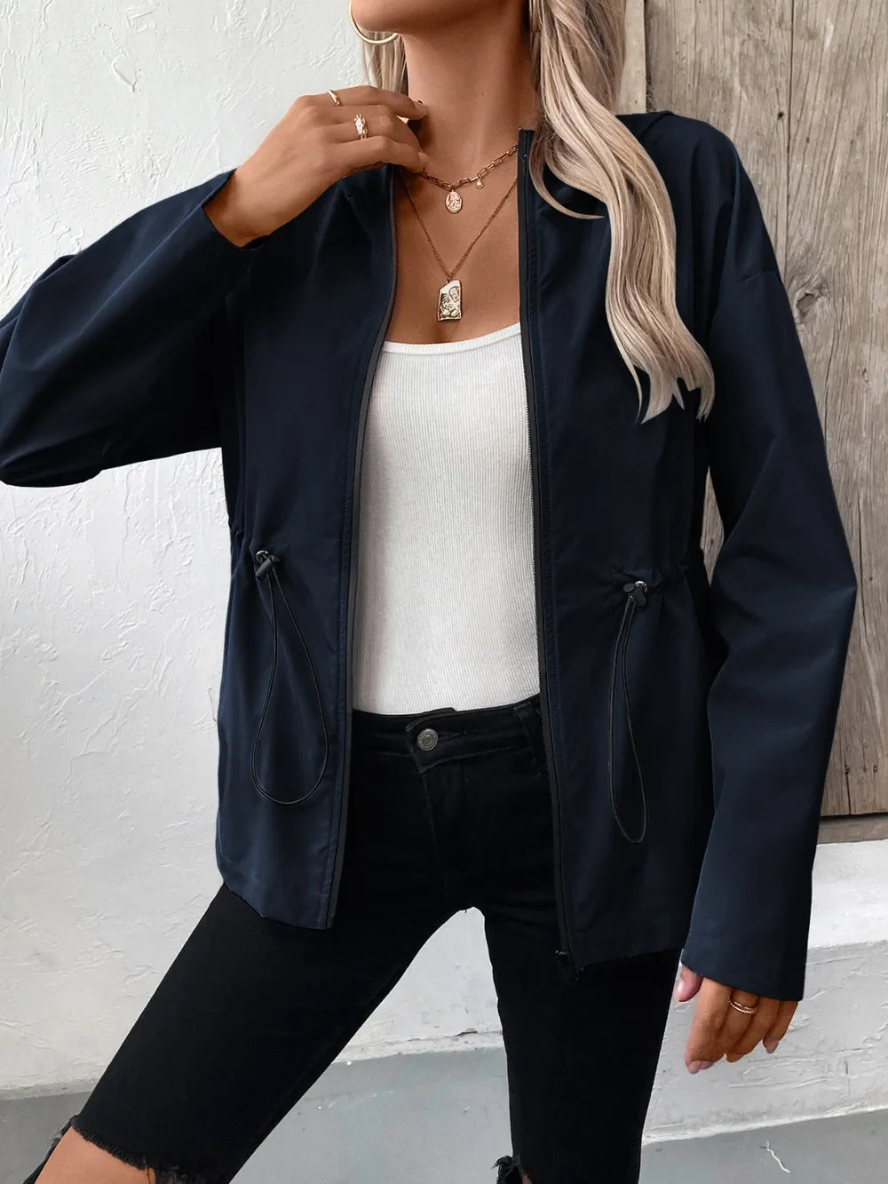 Ivy Lane Drawstring Zip Up Hooded Jacket nicholesgifts