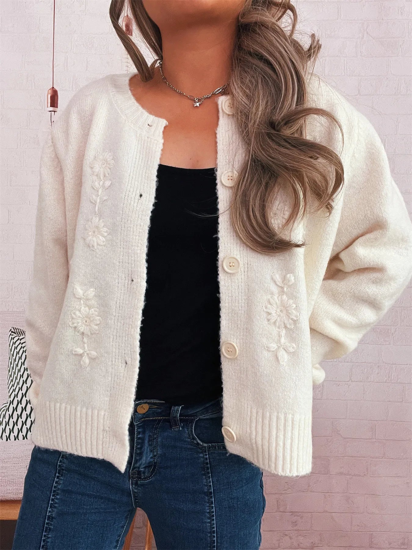 Flower Button Up Ribbed Hem Cardigan