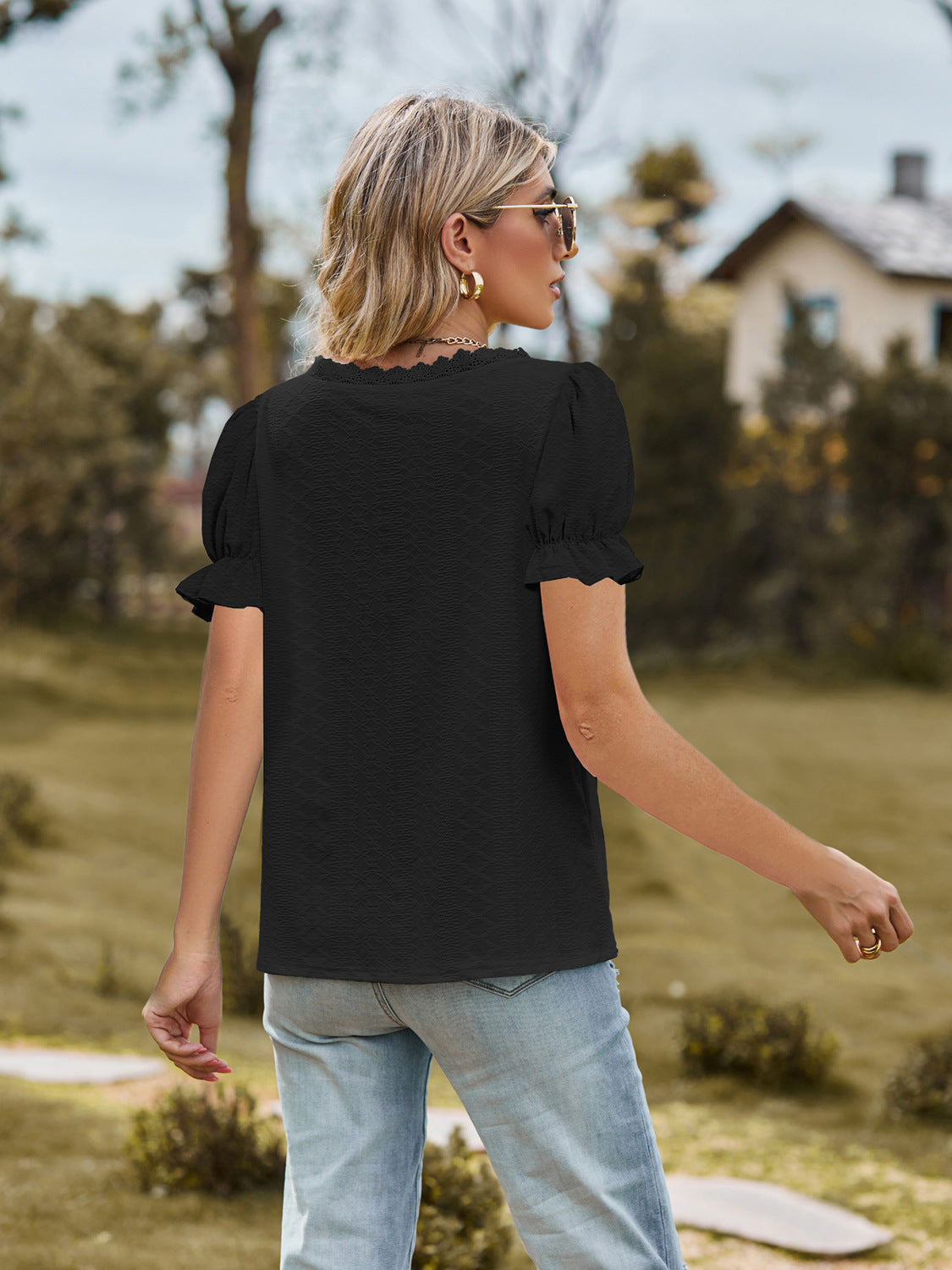 Lace Detail V-Neck Flounce Sleeve Blouse nicholesgifts