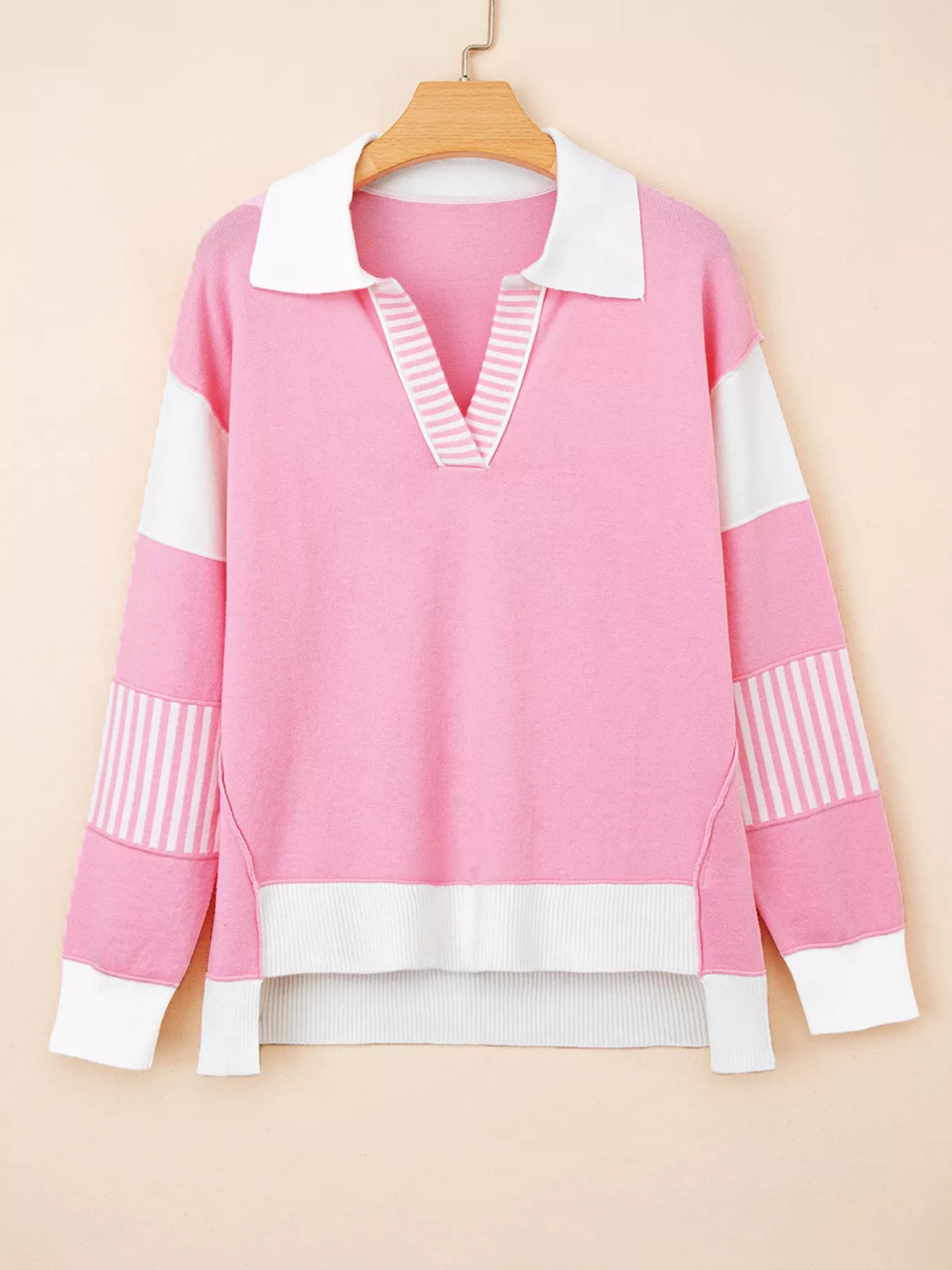 Contrasting Polo Collar Color Block Knit Drop Shoulder Sweater Trendsi
