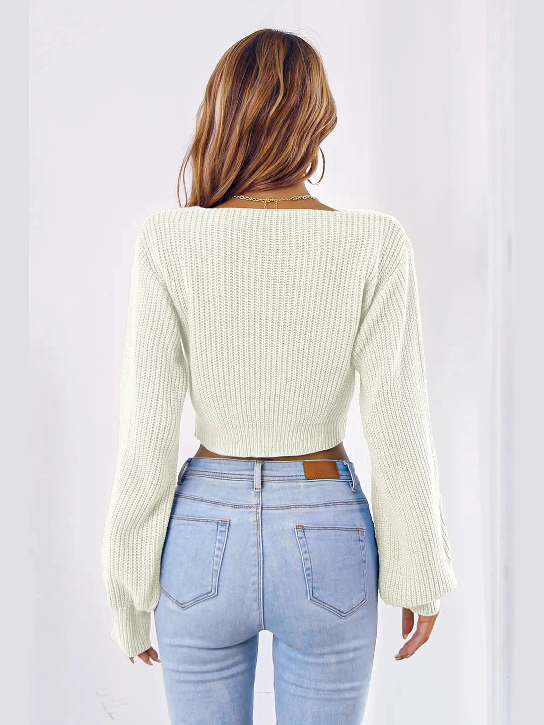 Bow V-Neck Long Sleeve Cropped Sweater nicholesgifts