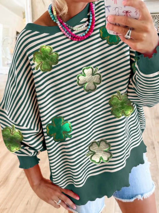 Stripe Lucky Clover Drop Shoulder Sweatshirt nicholesgifts