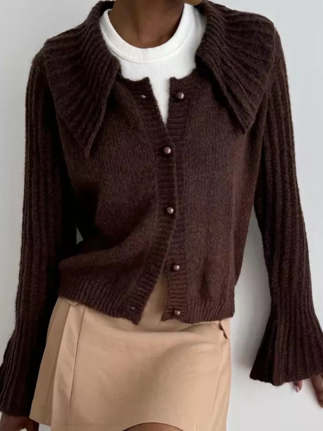Women Button Up Flare Sleeve Cardigan Sweater nicholesgifts