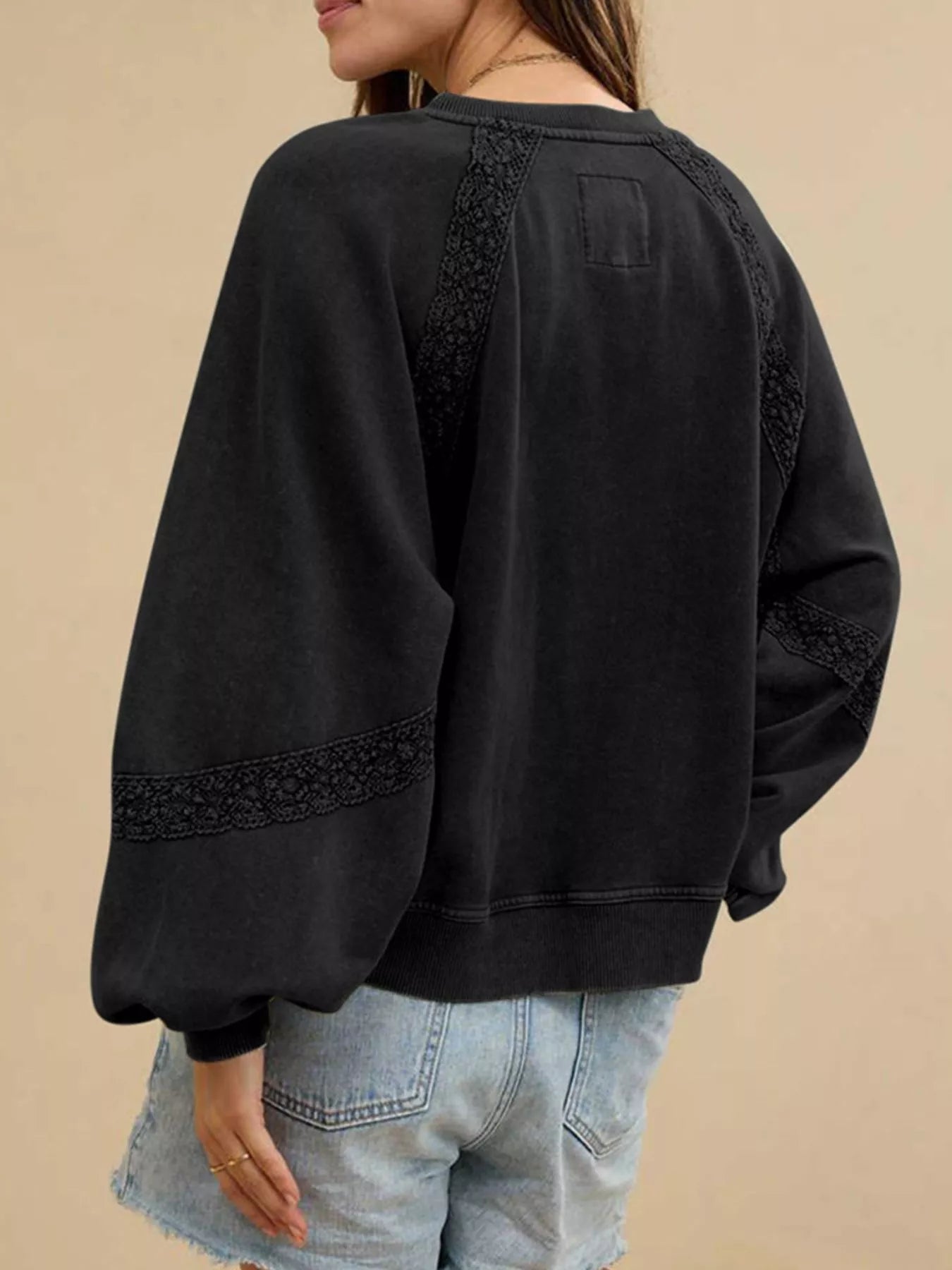 Lace Detail Notched Long Sleeve Sweatshirt Trendsi