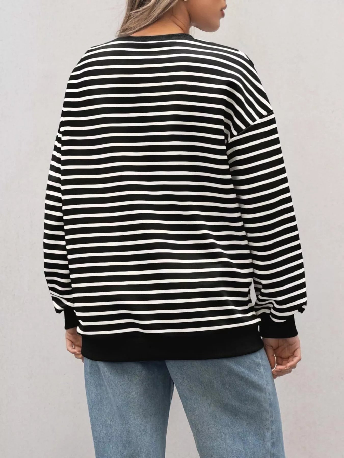 Striped Round Neck Oversized Casual Sweatshirt Trendsi