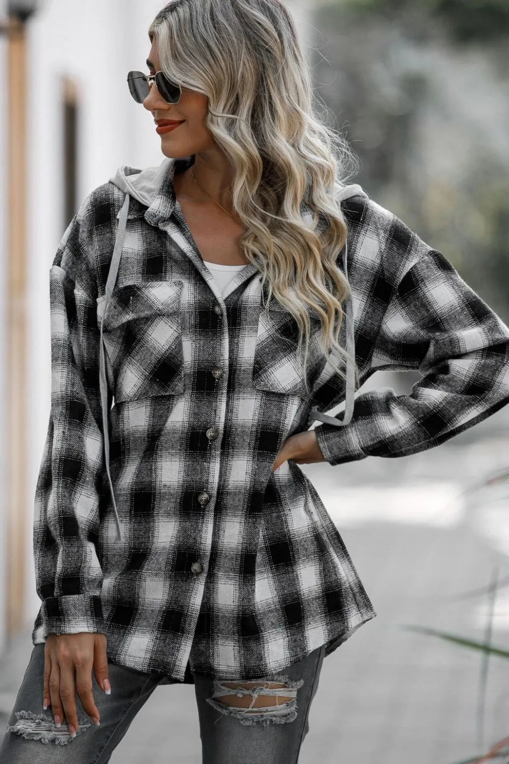 Double Take Drawstring Plaid Long Sleeve Hooded Shacket Trendsi