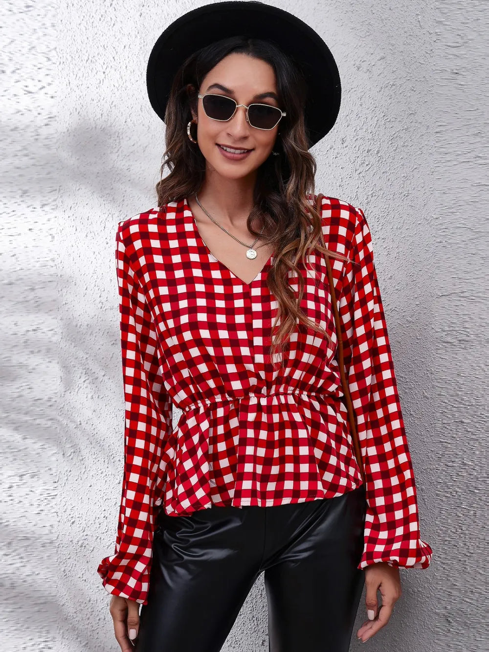 Plaid V-Neck Balloon Sleeve Peplum Blouse nicholesgifts