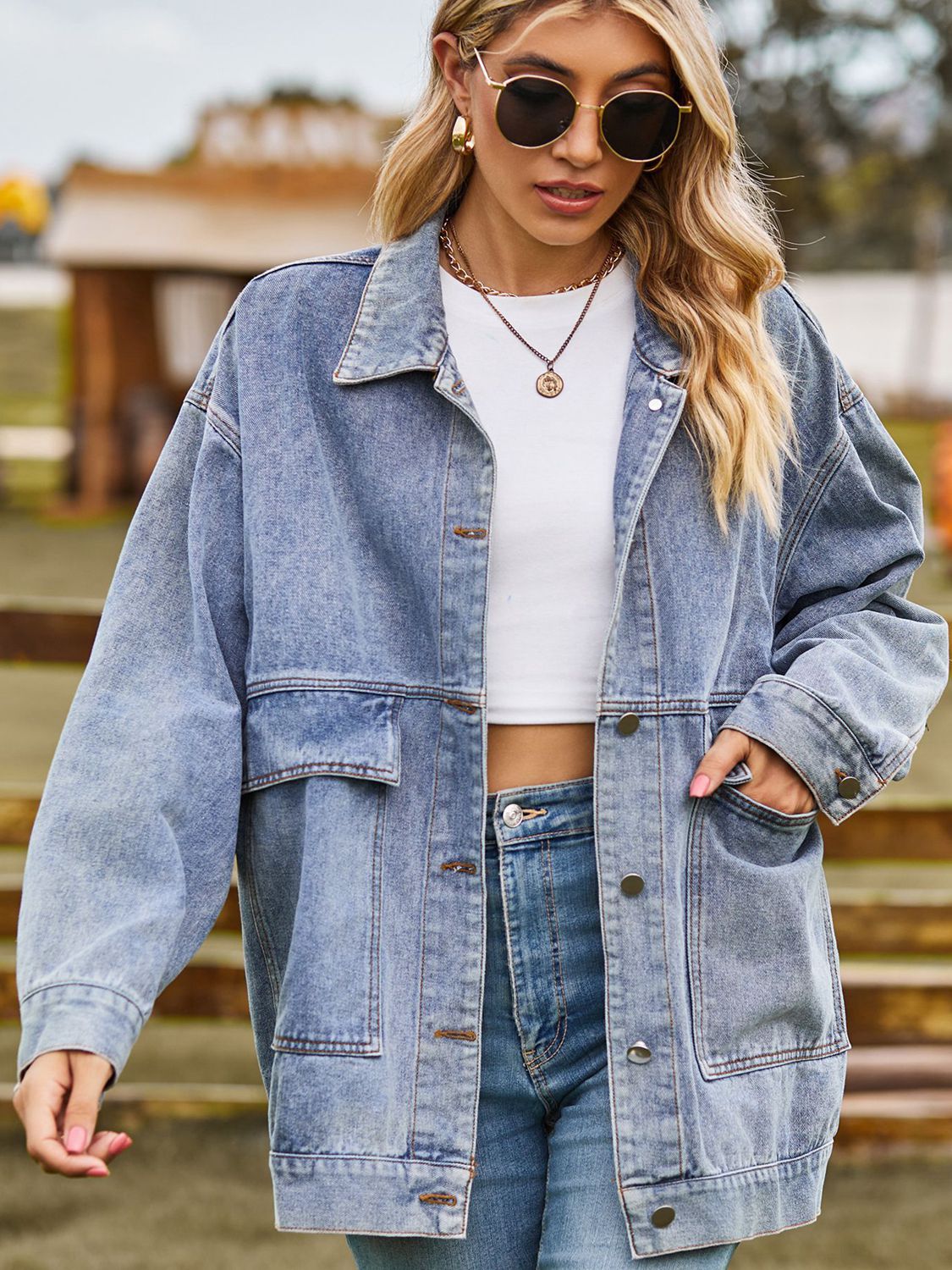Dropped Shoulder Denim Jacket with Pockets nicholesgifts