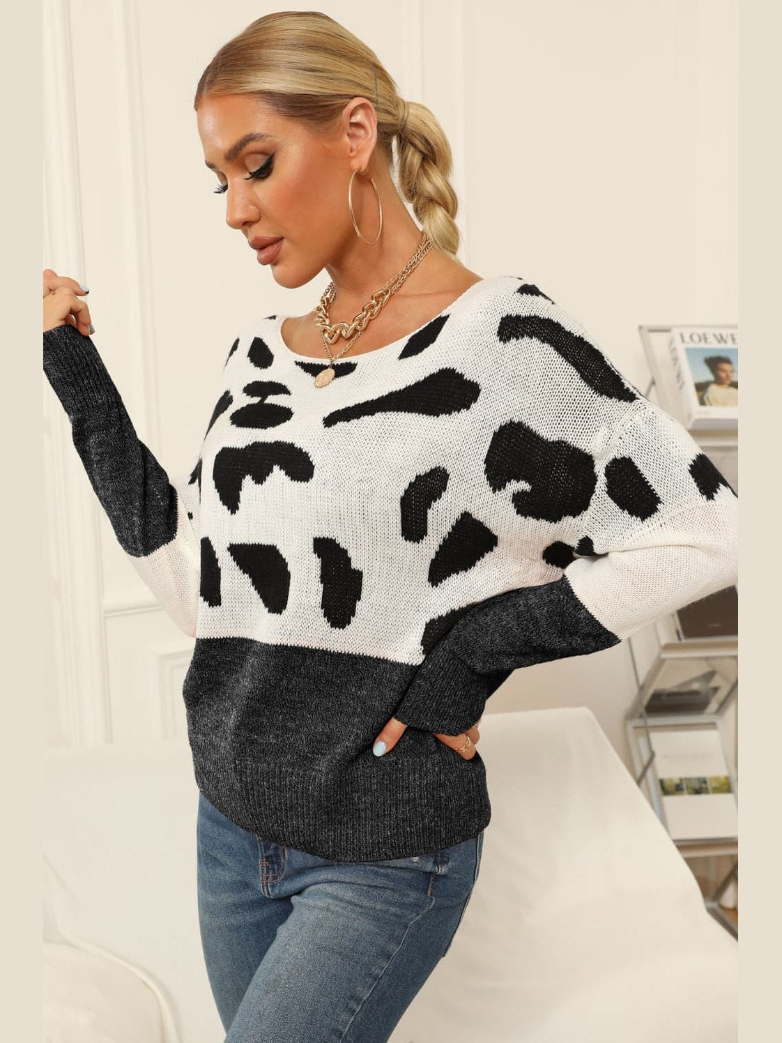 Full Size Two-Tone Boat Neck Sweater Trendsi