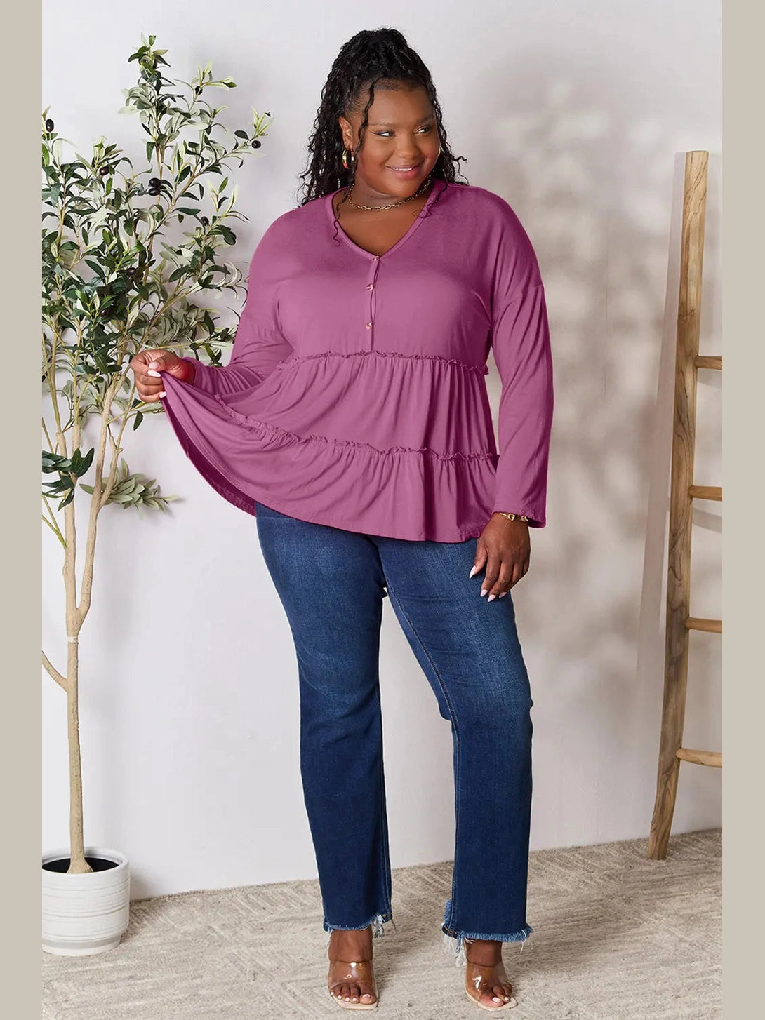 Double Take Half Button Long Sleeve Ruffle Hem Blouse nicholesgifts