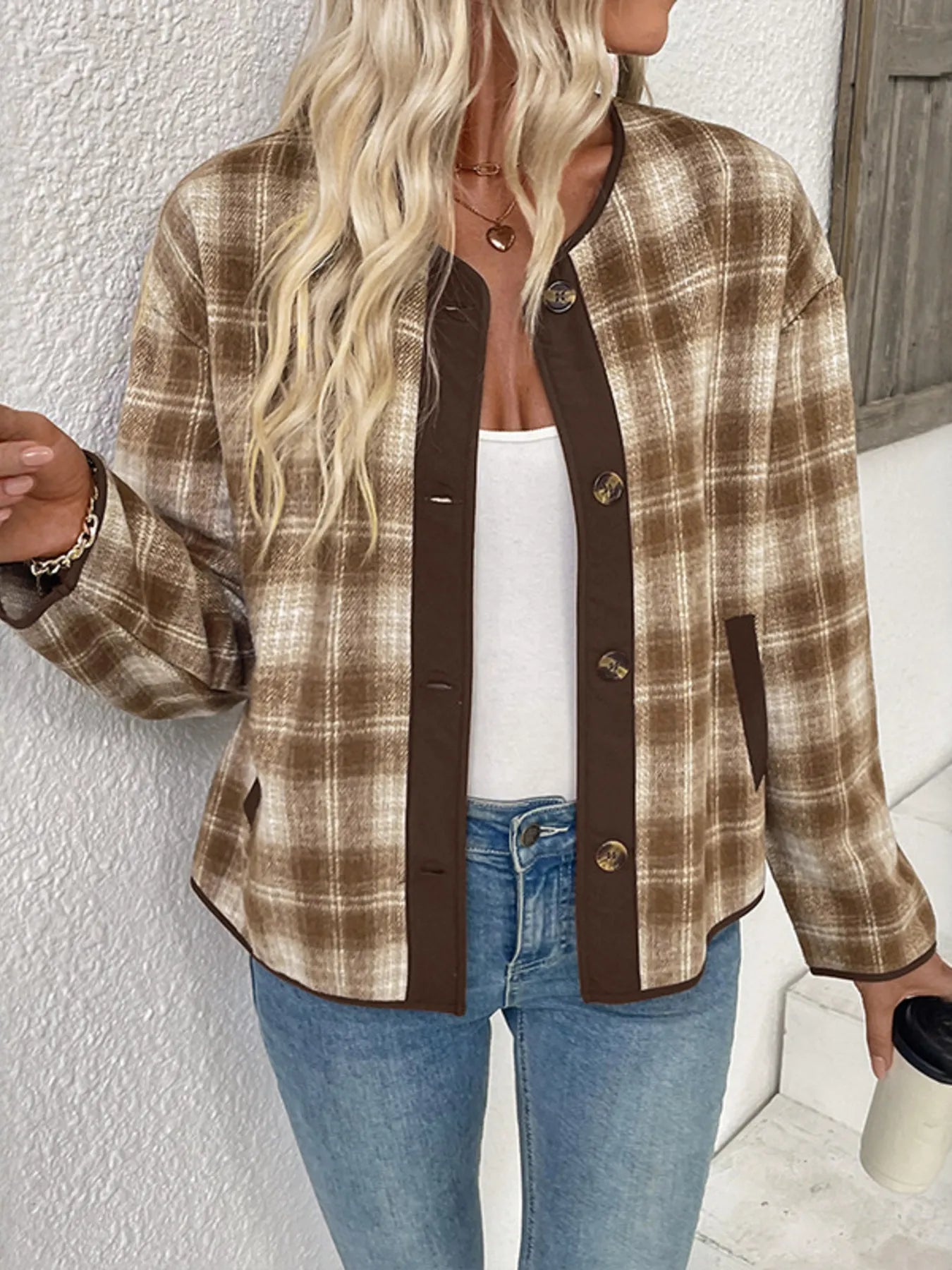 Plaid Long Sleeve Button-Up Jacket Trendsi