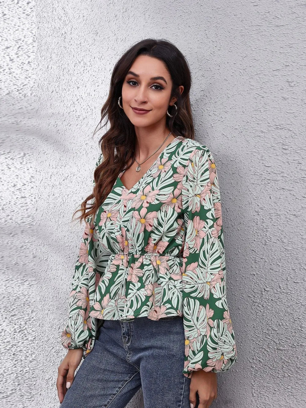 Ruched Printed V-Neck Long Sleeve Blouse nicholesgifts