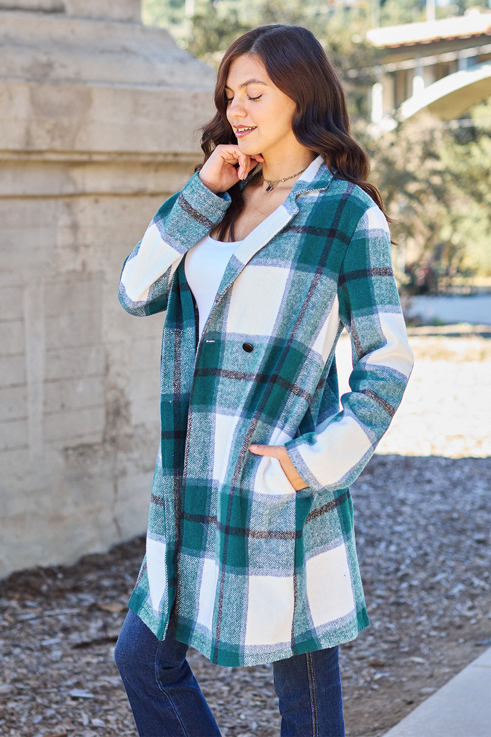 Double Take Full Size Plaid Button Up Lapel Collar Coat nicholesgifts