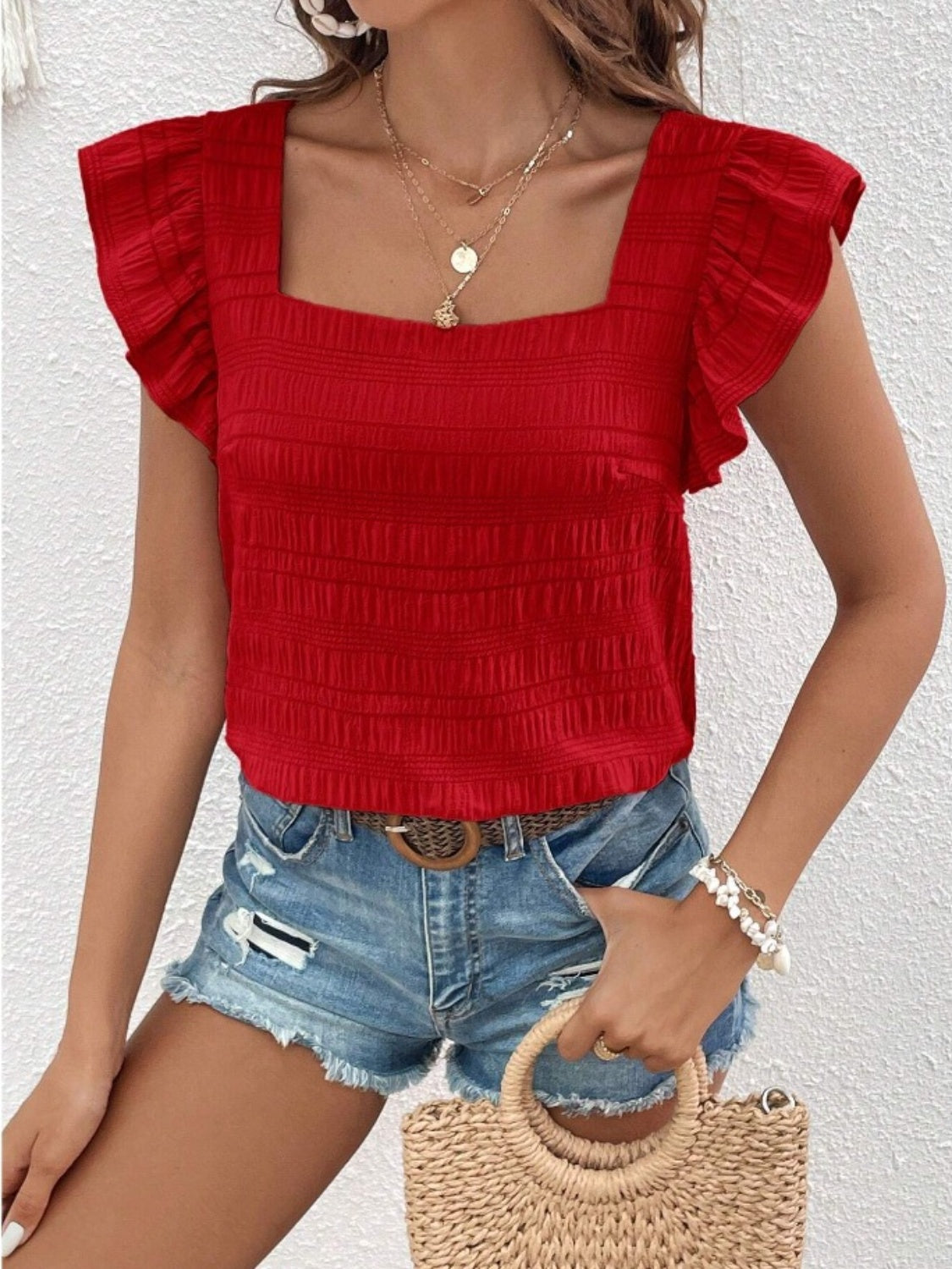 Ruffled Square Neck Cap Sleeve Blouse nicholesgifts