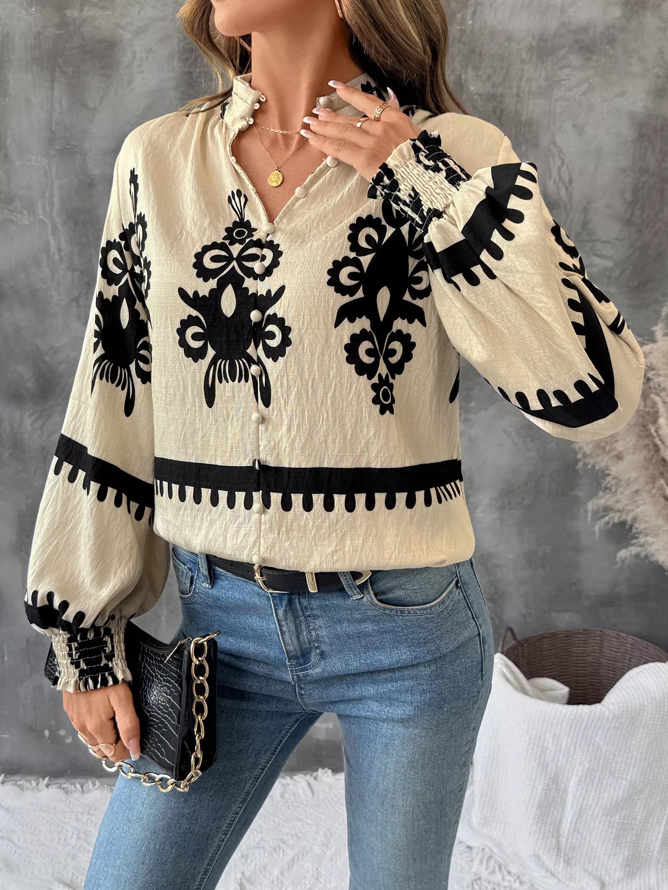 Printed Notched Lantern Sleeve Blouse NicholesGifts