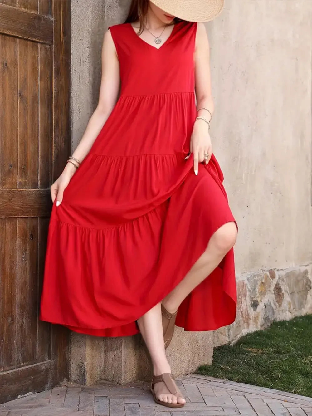 Tiered V-Neck Sleeveless Dress NicholesGifts