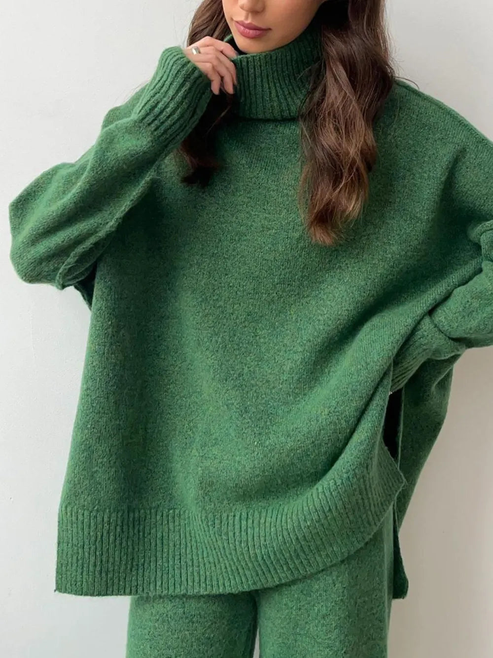 Slit Turtleneck Long Sleeve Top and Pants Sweater Set nicholesgifts