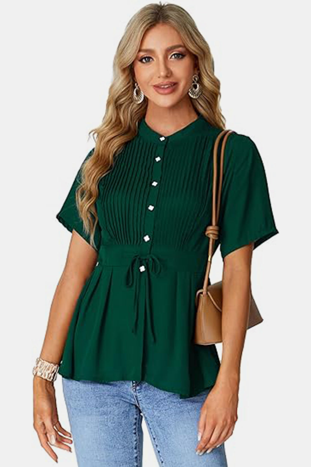 Tied Round Neck Short Sleeve Blouse nicholesgifts