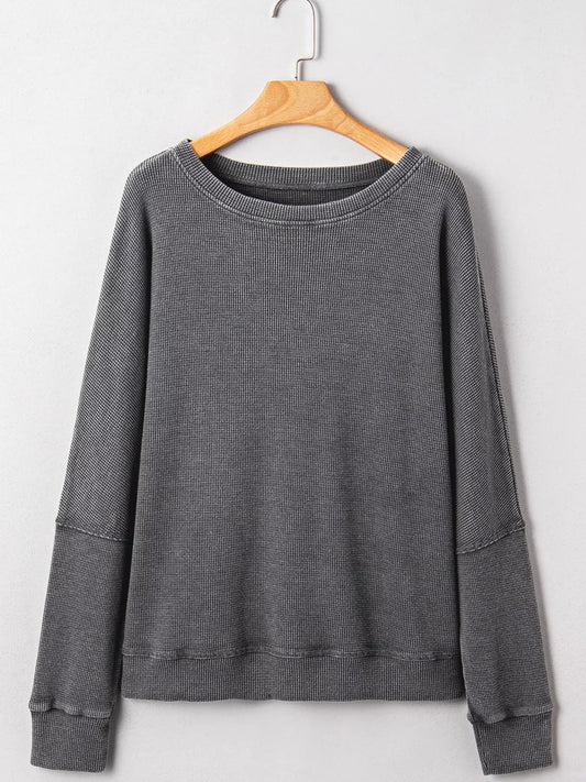 Waffle Knit Patchwork Long Sleeve Loose Sweatshirt nicholesgifts