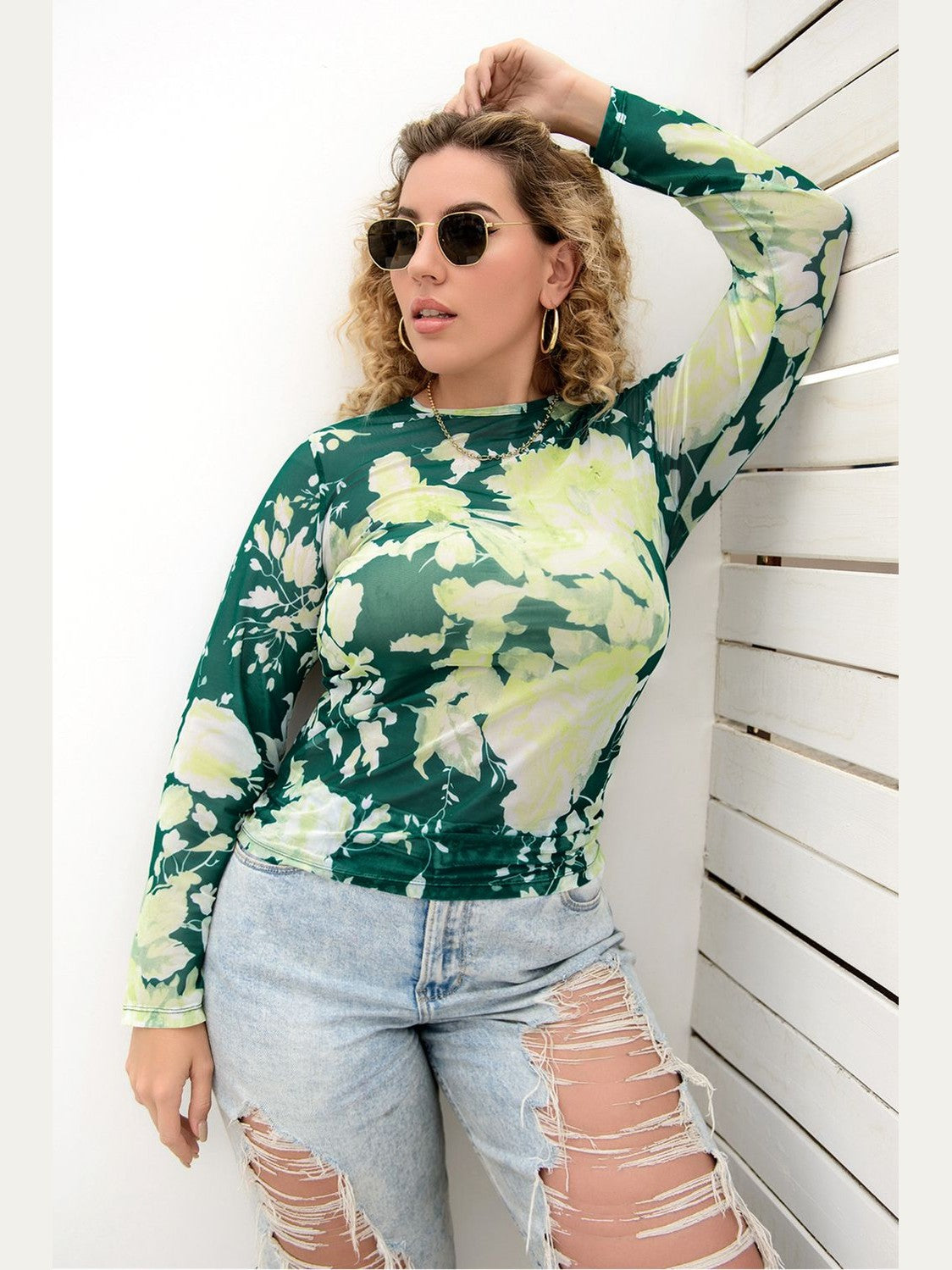 Plus Size Printed Round Neck Long Sleeve Blouse NicholesGifts