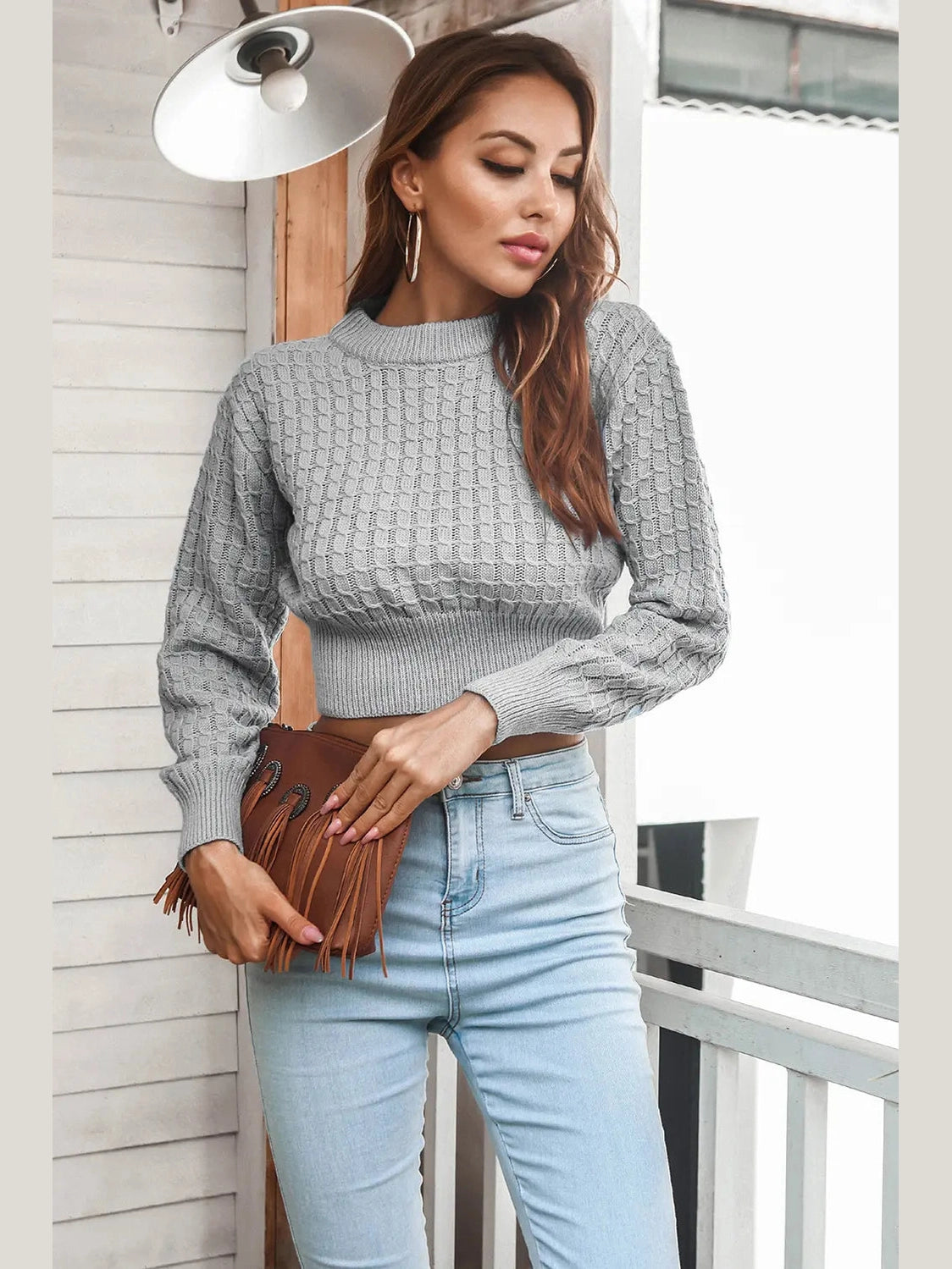 Round Neck Long Sleeve Cropped Sweater Trendsi