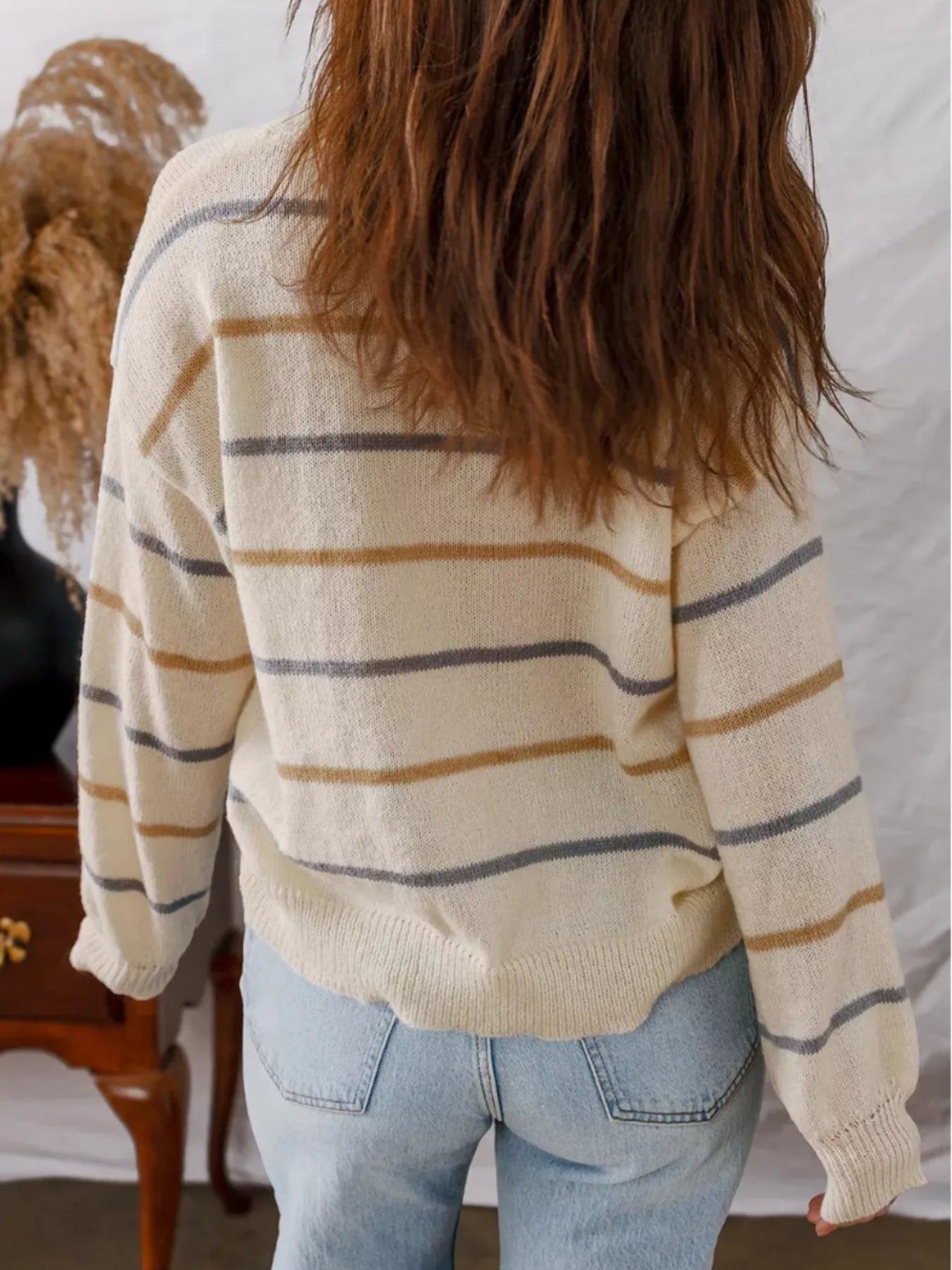 Striped Round Neck Drop Shoulder Sweater NicholesGifts
