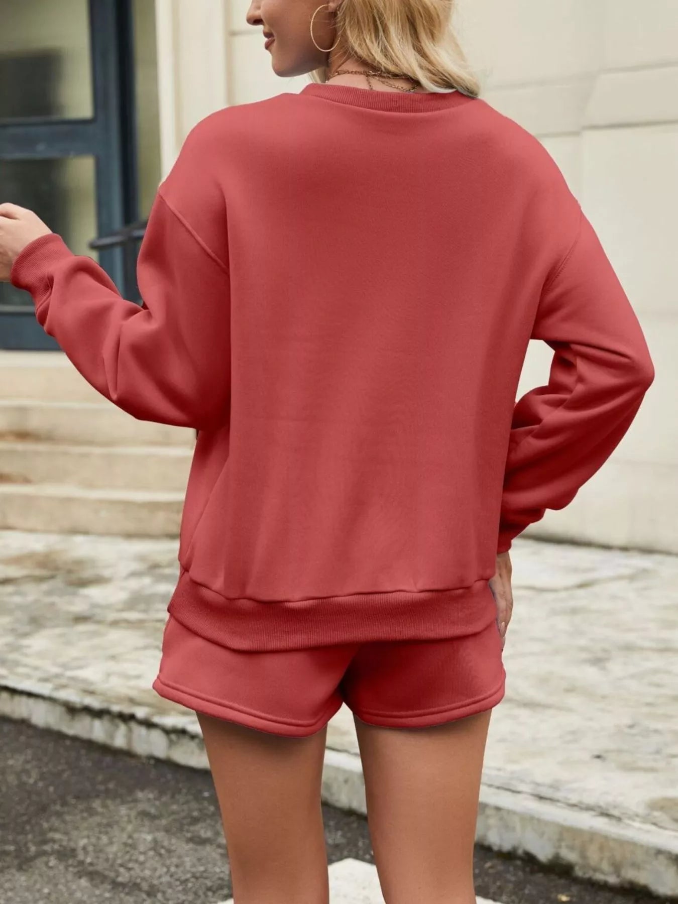 Round Neck Dropped Shoulder Top and Drawstring Shorts Set NicholesGifts