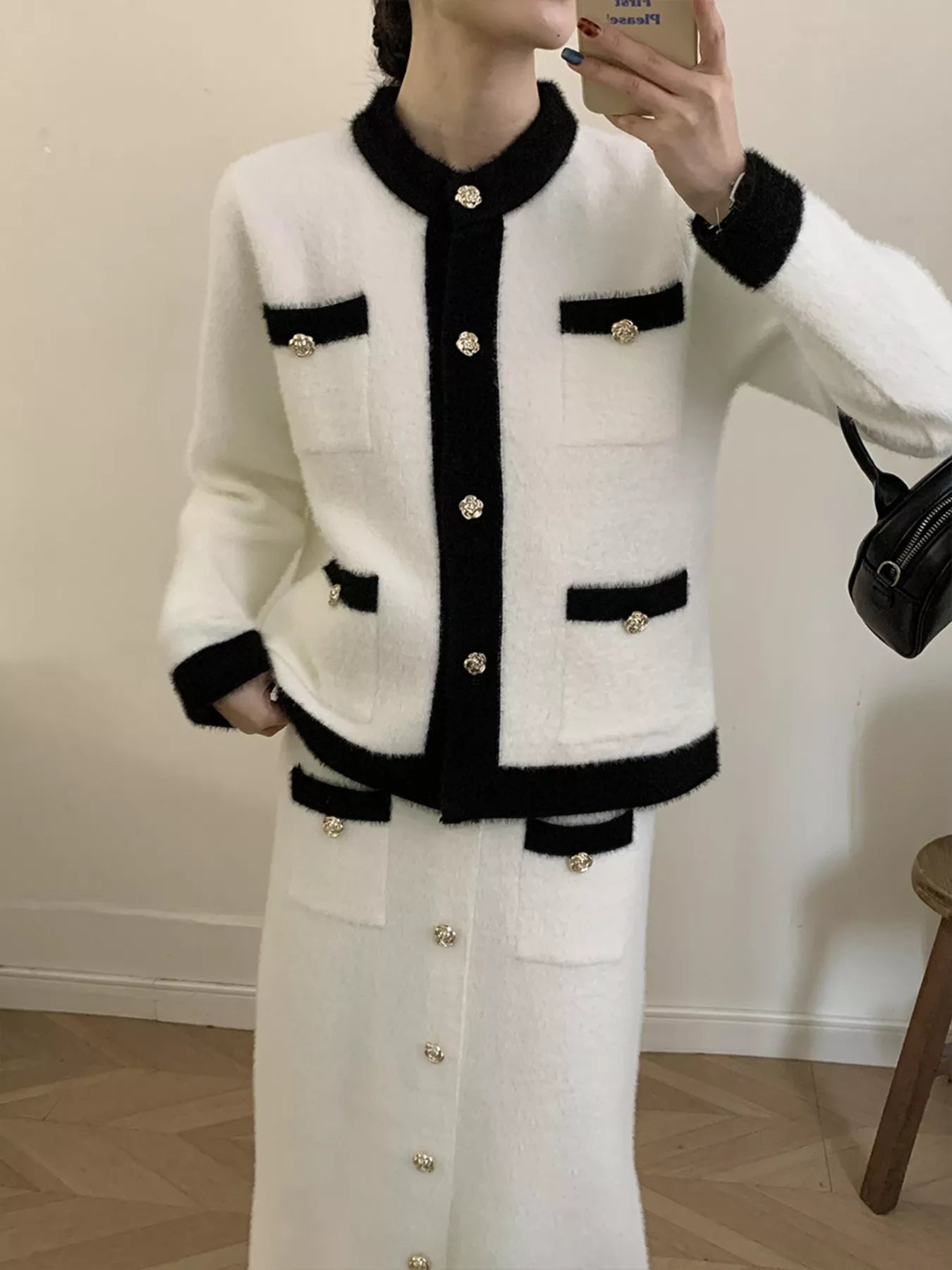 Contrast Trim Jacket and Skirts Sweater Set nicholesgifts
