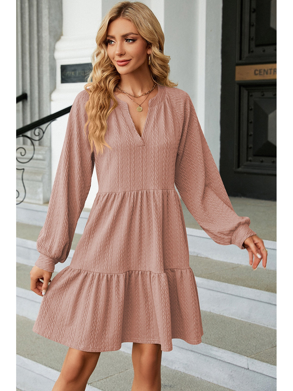 Ruched Notched Long Sleeve Mini Dress nicholesgifts