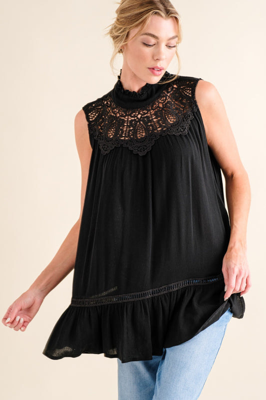 Women And The Why Lace Detail Sleeveless Ruffled Black Top nicholesgifts