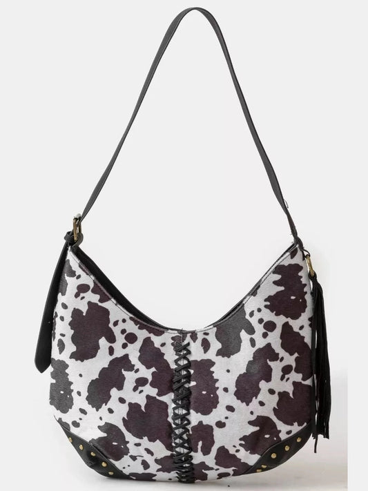 Fame Cow Print Hobo Shoulder Bag with Studded Details nicholesgifts