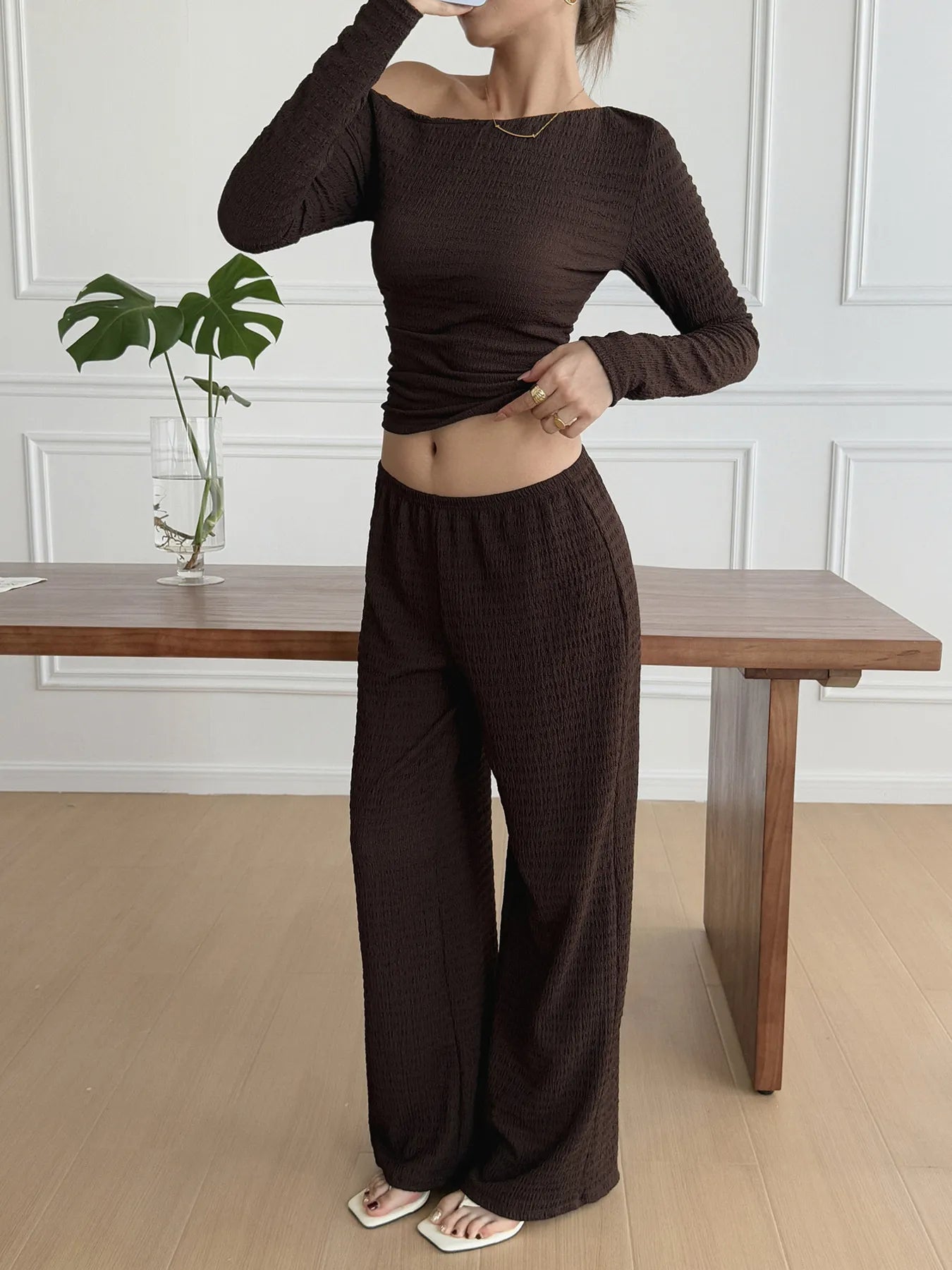 One Shoulder Long Sleeve Top and Pants Set nicholesgifts