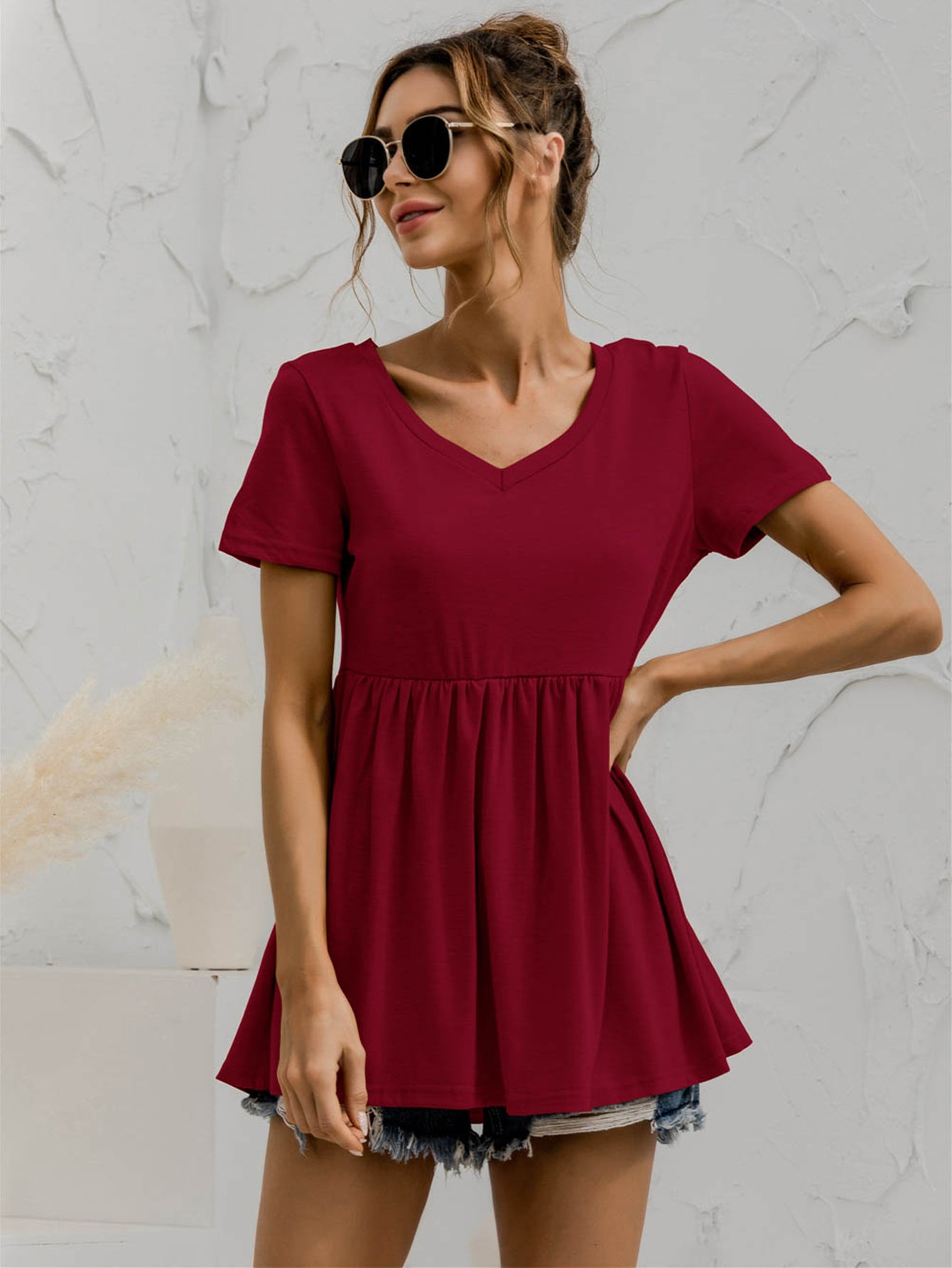 V-Neck Short Sleeve Babydoll Top NicholesGifts