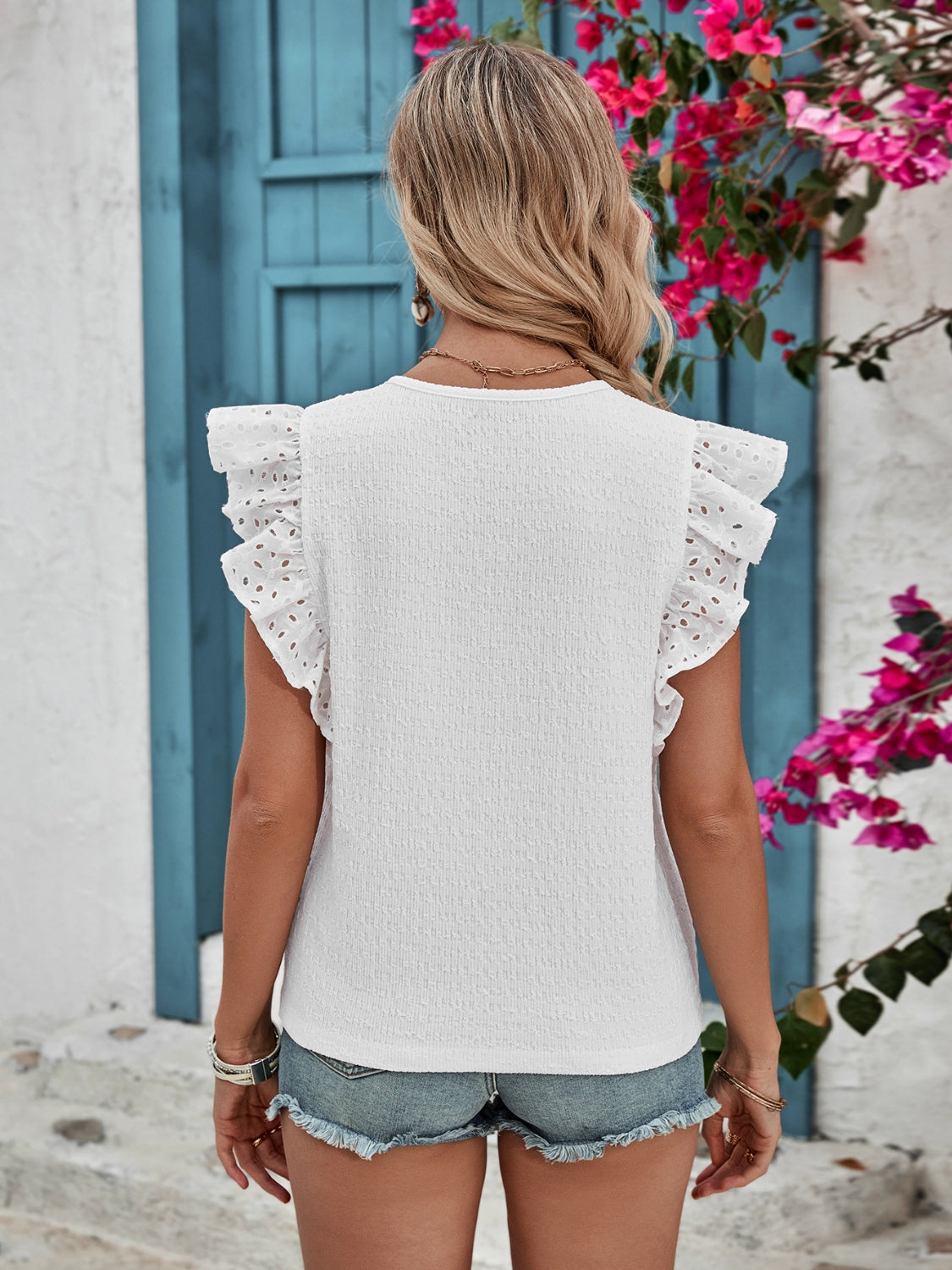 Ruffled V-Neck Cap Sleeve Blouse nicholesgifts