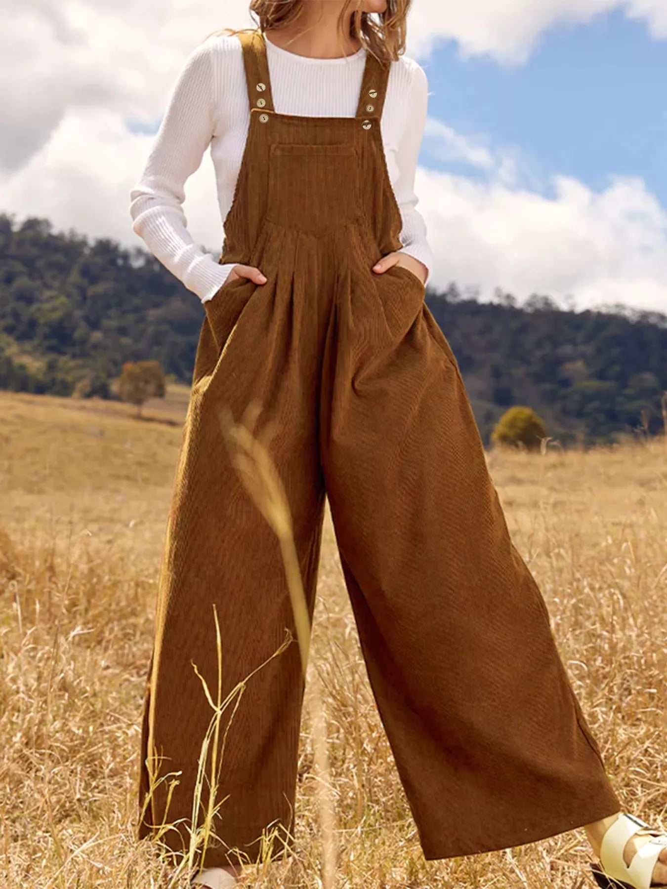 Front Ruched Wide Leg Jumpsuit with Pockets nicholesgifts