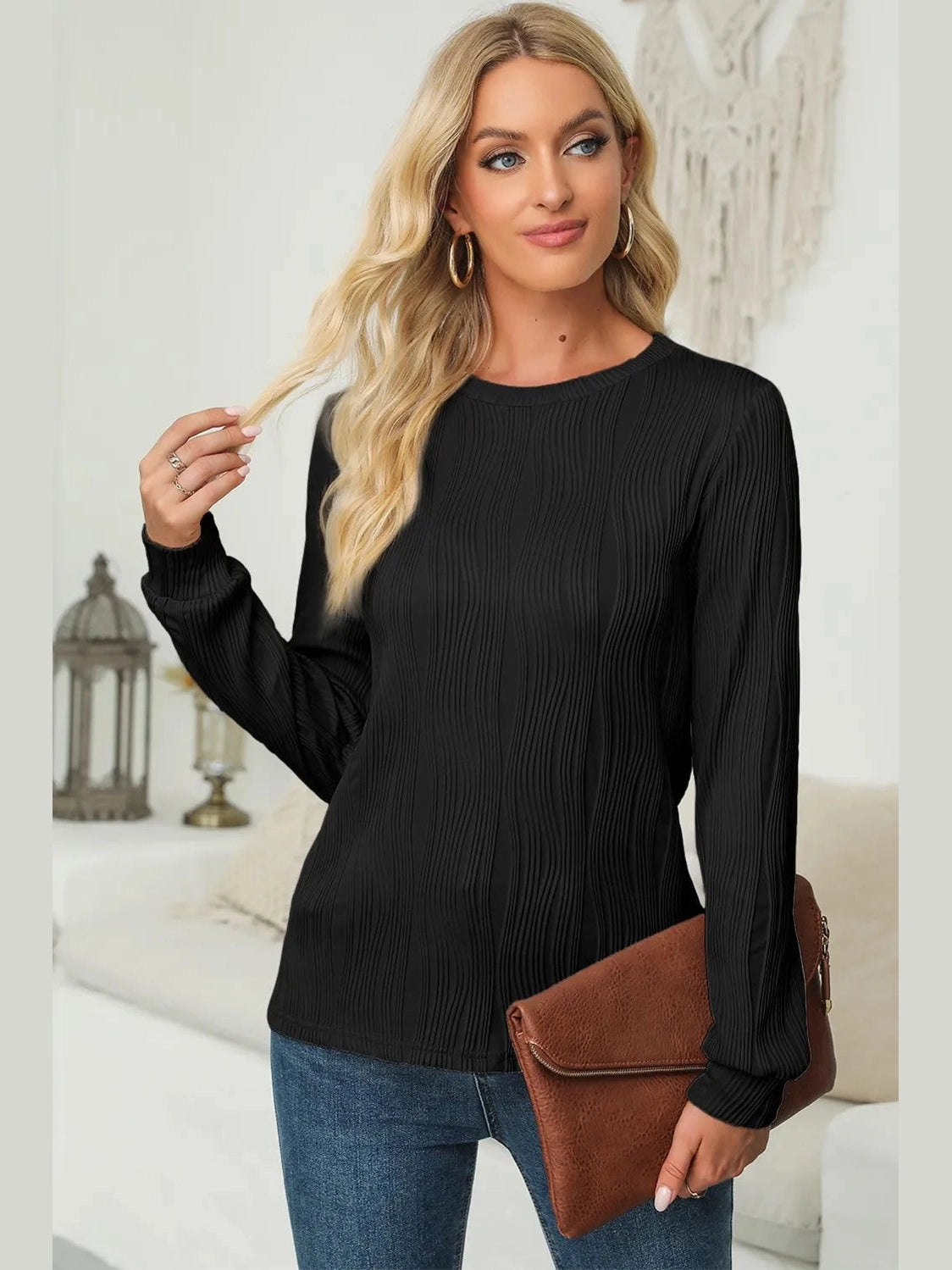 Textured Round Neck Long Sleeve Blouse NicholesGifts