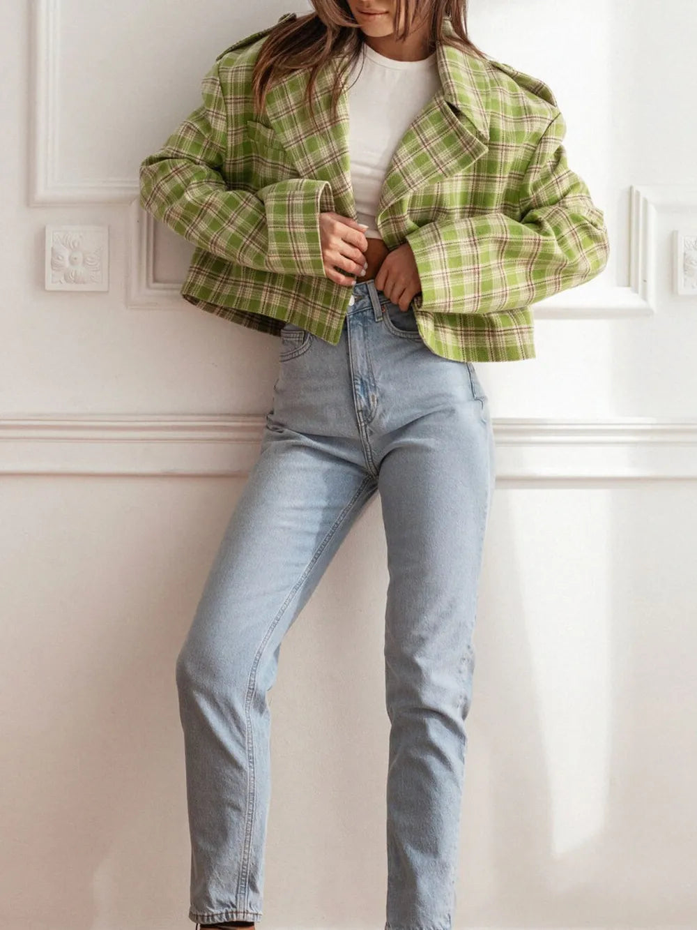 Lapel Collar Plaid Cropped Jacket Trendsi