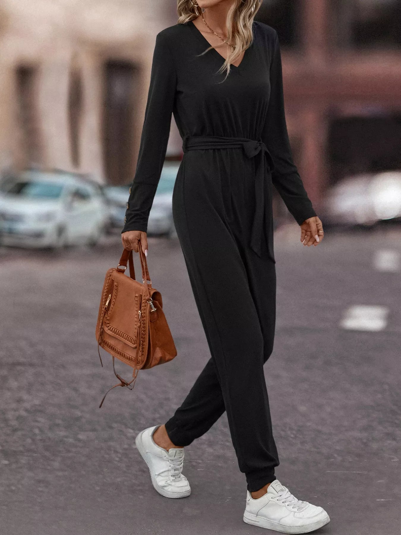 V-Neck Long Sleeve Tie Waist Jumpsuit nicholesgifts