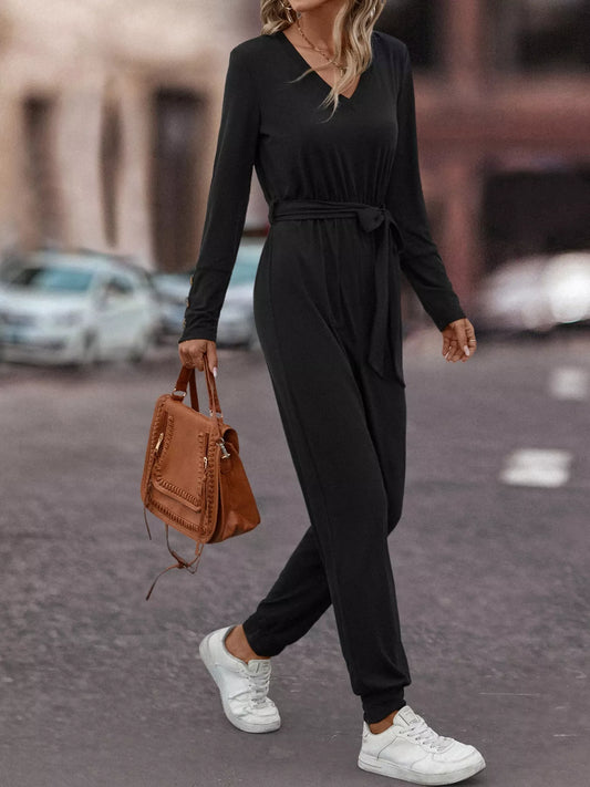 V-Neck Long Sleeve Tie Waist Jumpsuit nicholesgifts