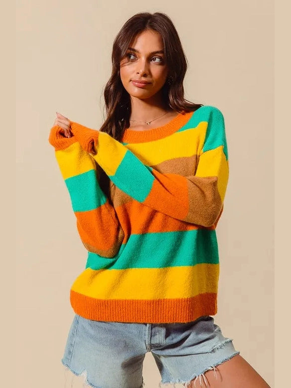 SO ME Multi Color Stripe Sweater with Ribbed Detail Trendsi