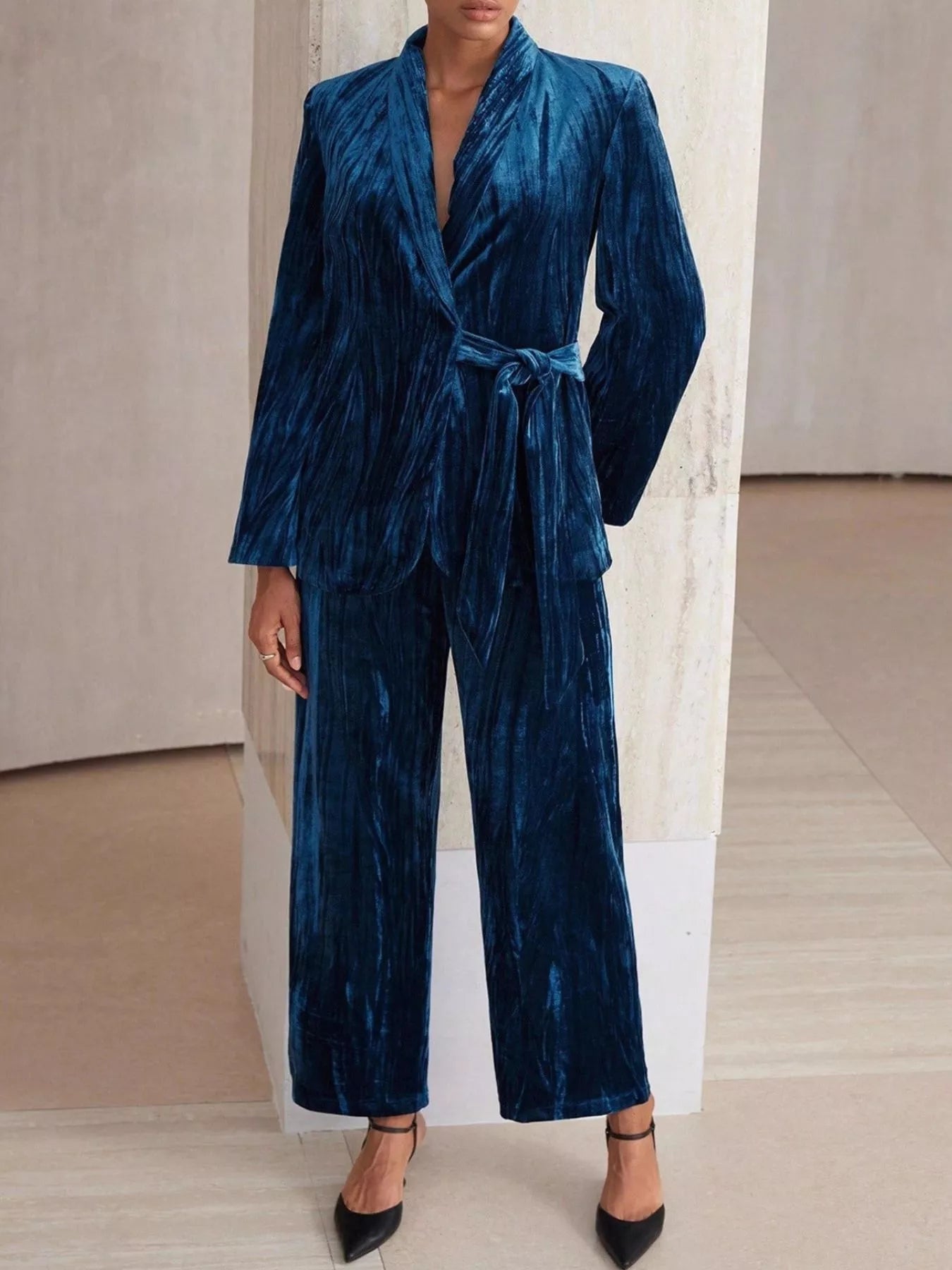 Velvet Tie Waist Blazer and Pants Set nicholesgifts
