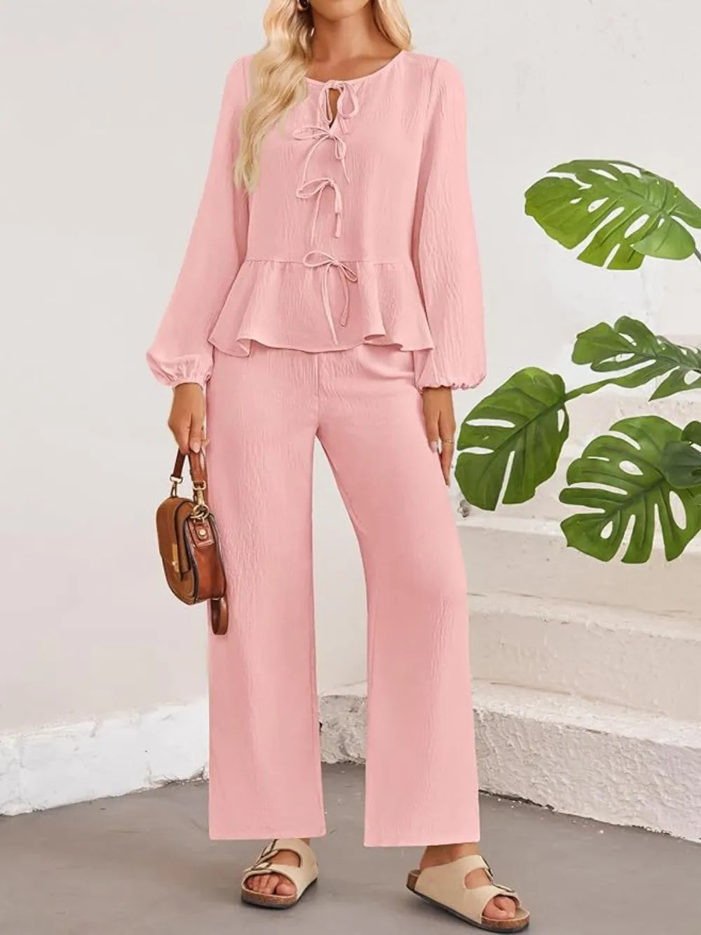 Tie Neck Balloon Sleeve Top and Pants Set nicholesgifts