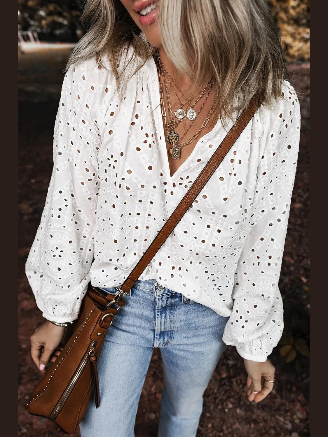 Eyelet V-Neck Long Sleeve Blouse NicholesGifts