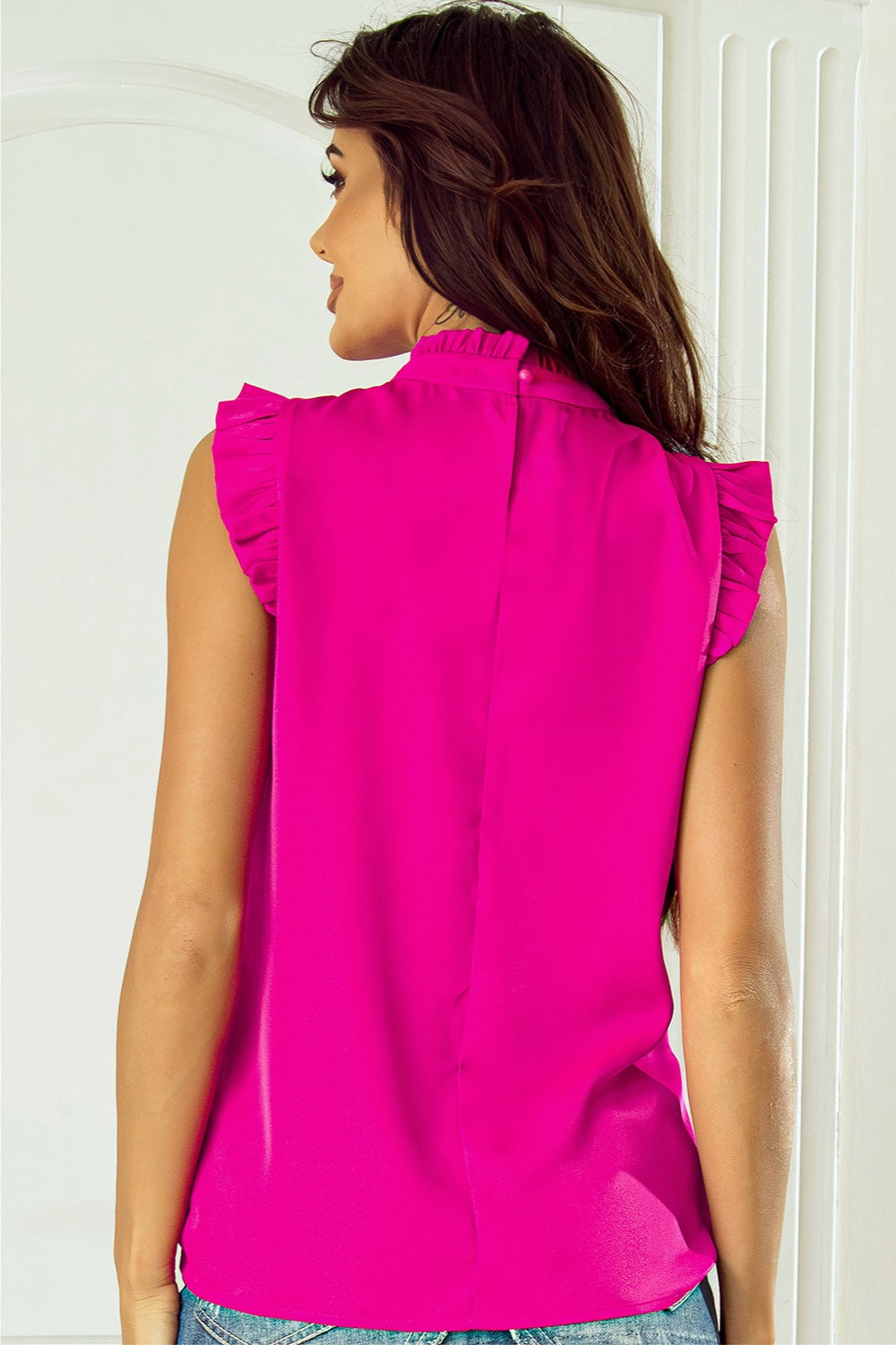 Ruffled Mock Neck Cap Sleeve Blouse nicholesgifts