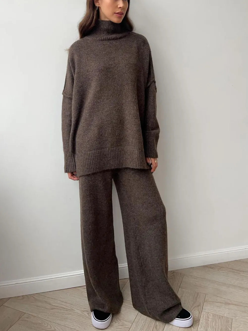 Slit Turtleneck Long Sleeve Top and Pants Sweater Set nicholesgifts