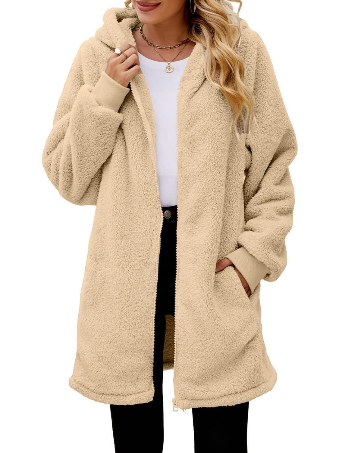 Fuzzy Pocketed Zip Up Long Sleeve Hooded Jacket NicholesGifts